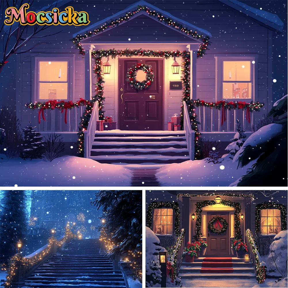 

Mocsicka Christmas Background Photography Door Wreath Gifts Snow Xmas Tree Decor Kids Baby Photo Backdrop Shooting Props Studio