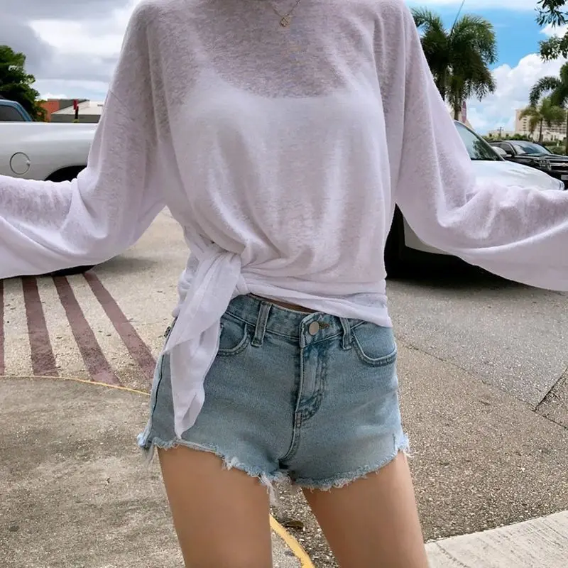 Ladies Ice Silk Sunscreen Long Sleeve Tee - Summer Loose Split Hem Top, Slightly Transparent Beach Casual Cover-Up Shirt