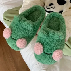 Cute Cartoon Frog Cotton Slippers Women Men Winter Warm Shoes Soft Fur Thick Sole Anti-slip Couples Indoor Home Floor Slides