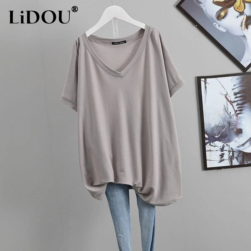 2023 Summer New Solid Color V-neck Short Sleeve Mid-length T-Shirts Women Loose Casual All-match Tees Fashion Simple Youth Tops