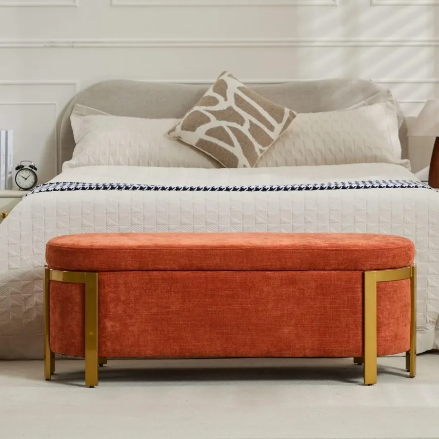 48 Banco otomano de almacenamiento naranja quemado con patas doradas, taburete tapizado moderno ovalado largo de 4 pies para dormitorio con asiento acolchado, ovalado largo