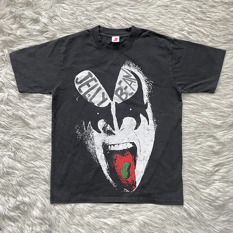 JELLYBEAN Retro Rock Style Printed Cotton T-Shirt Short Sleeve Washed Pure Cotton Breathable Casual round Neck Top for Youth