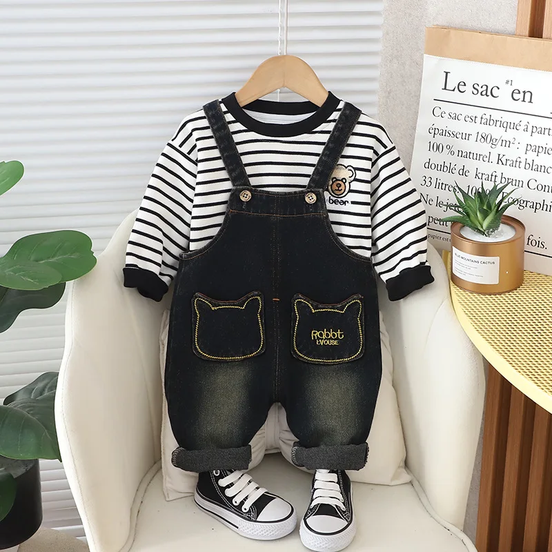 

Toddler Spring Outfits 2024 Designer Baby Boy Clothes 1 To 2 Years Cartoon Striped Long Sleeve T-shirts Overalls Kids Boys Suit