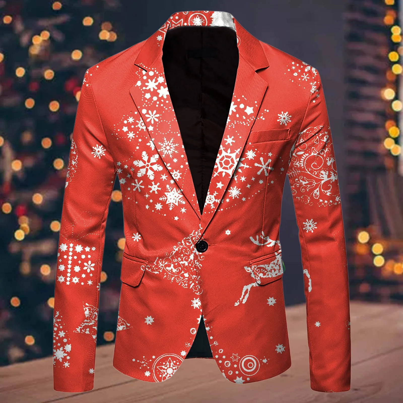 Christmas Tree Snowflake Printed Pocket Suit Coat Men Lapel Single Button Agent Blazer Slim Fit Formal Festive Party Jacket