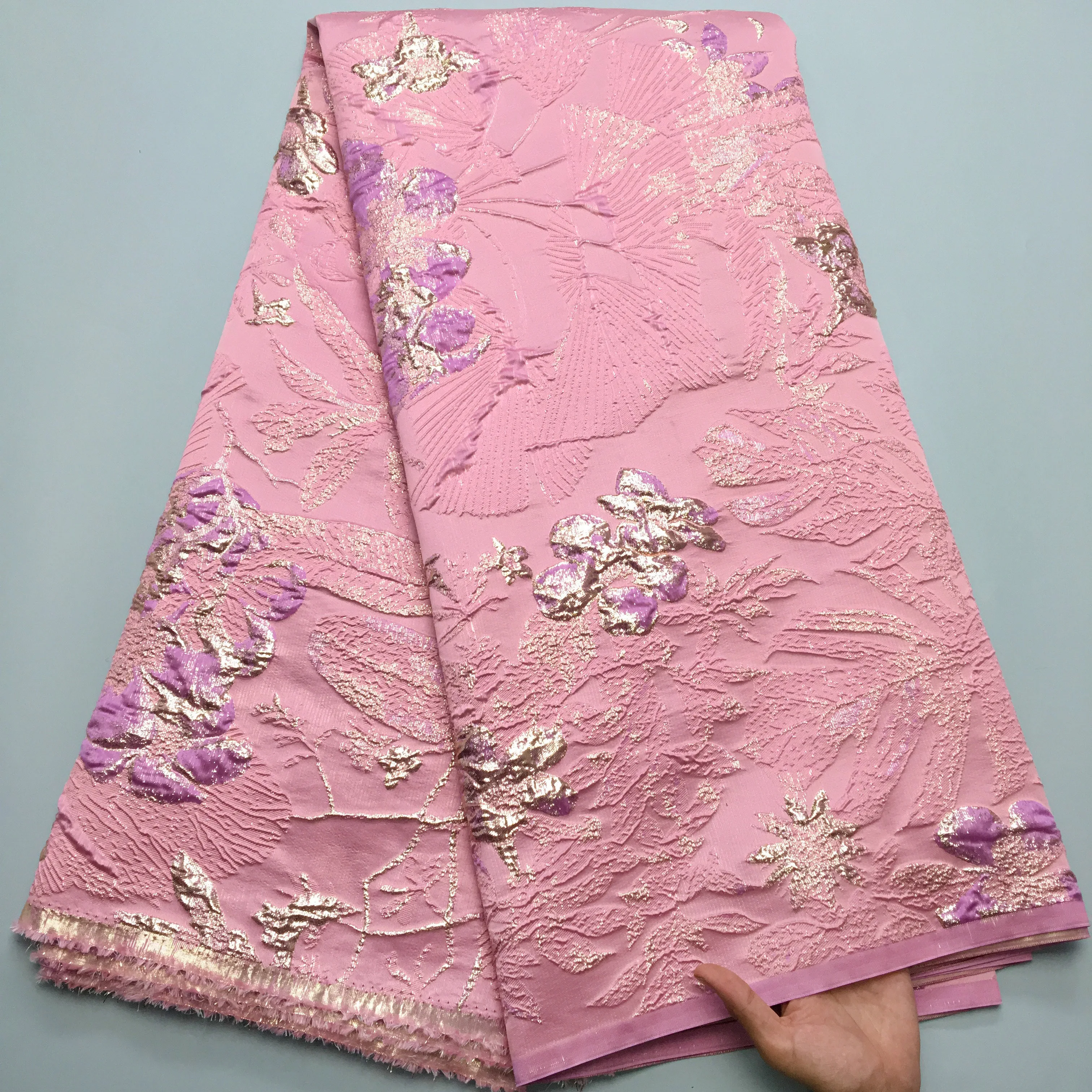 

African Jacquard Satin Lace Fabric French Net Lace Embroidered Nigerian Brocade Gilding Lace Fabric For Wedding Party Dress