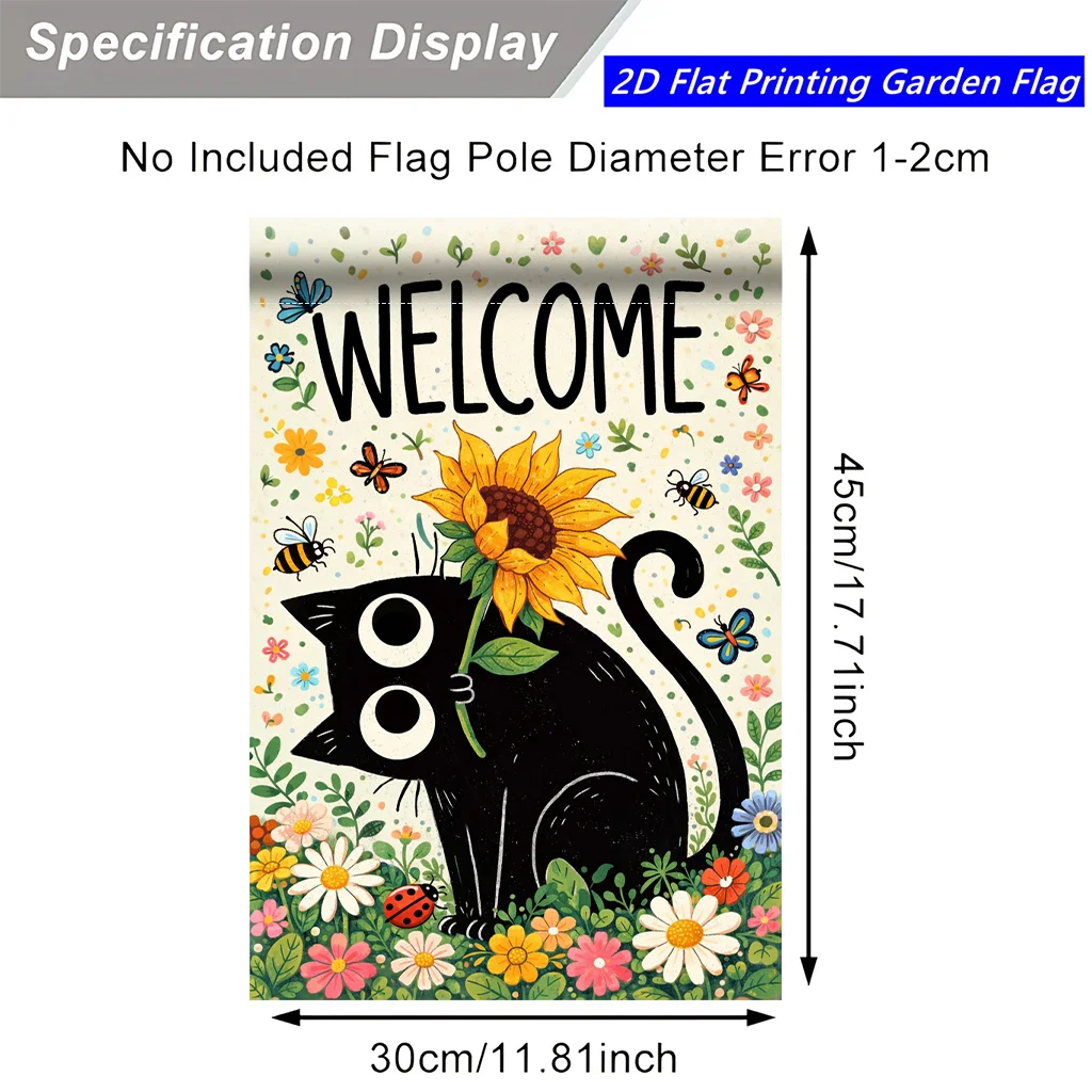 2D Flat Flag 1 Piece, Welcome Little Black Cat, Flower Pattern Spring and Summer Garden Flag, Suitable for Family Yard Festival Celebration, Create A Warm Atmosphere, for Outdoor/outdoor Hanging Decorative Yard Flag (Flag Only) Does Not Contain Flagpole