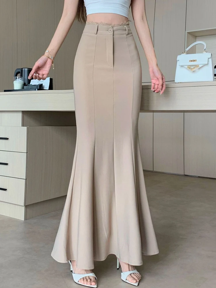 

Khaki Color Suit Sle High Waist Thin Layer Lace Me Splicing Women's f Skirt Asymmetrical A-Line Long Dr Ele