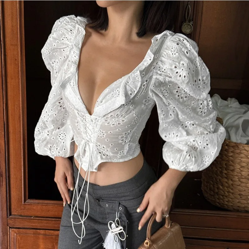 

Sexy Pure Cotton Embroidered Hollow White Shirt Women's Bubble Sleeves V-neck Tie Irregular Waist Top Exquisite Simple Casual