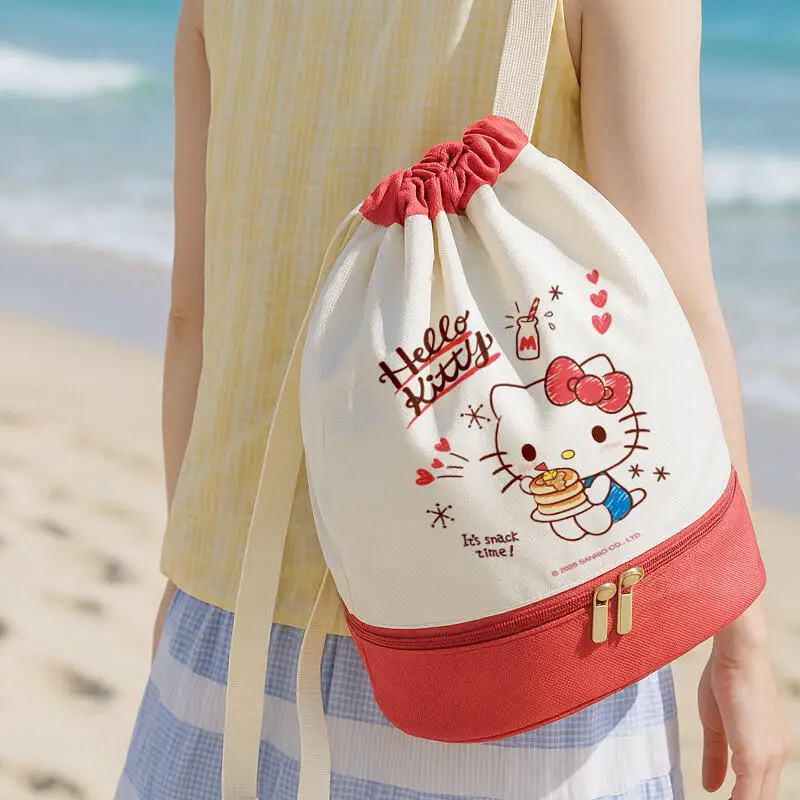 Sac à dos à cordon imperméable Kawaii Hellokitty, sac de rangement multifonctionnel, trousse de toilette pour la natation, sac à cordon portable pour la plage et les sports
