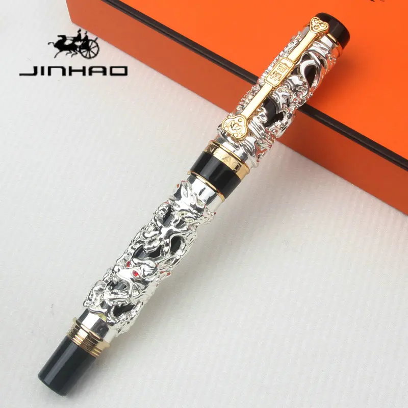Luxury JINHAO 3D Dragon Relief Fountain Pen 0.5mm 18KGP Plated Nib Metal Handwriting Device For Office Collection Present