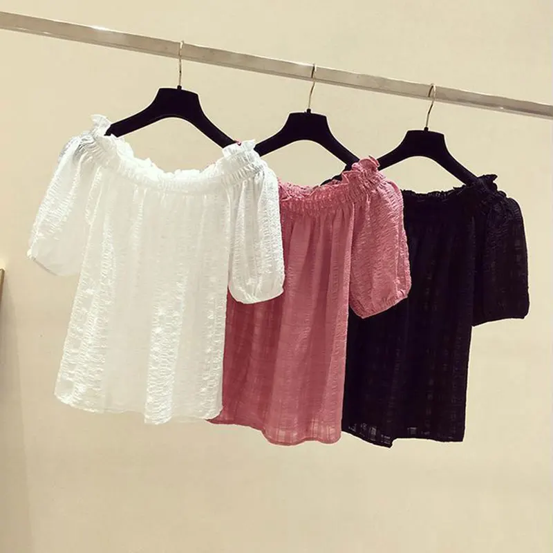 Jersey negro informal de gasa con mangas abullonadas y cuello oblicuo, blusa para mujer, camisa, ropa femenina, Tops, blusas cortas de moda, primavera 2026