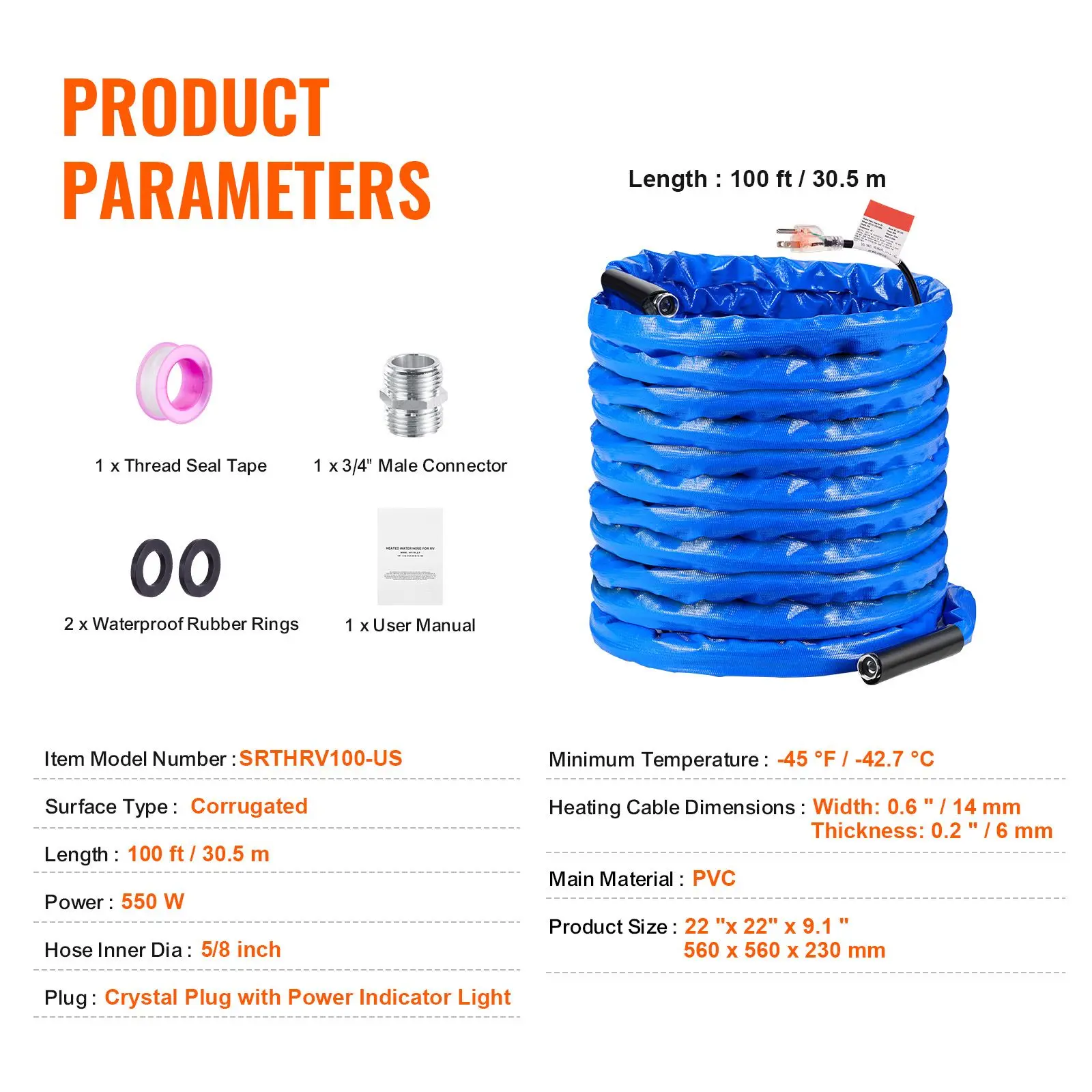 100ft Heated Water Hose for RV, Heated Drinking Water Hose with Corrugated Cover Antifreeze to -45 Fahrenheit , Automatic Self-regulating, 5/8