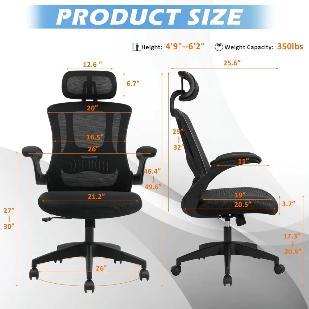 Ergonomic Office Desk Chair - Computer Chair with Adjustable Flip-Up Armrests, Lumbar Support, Headrest & Tilt Function