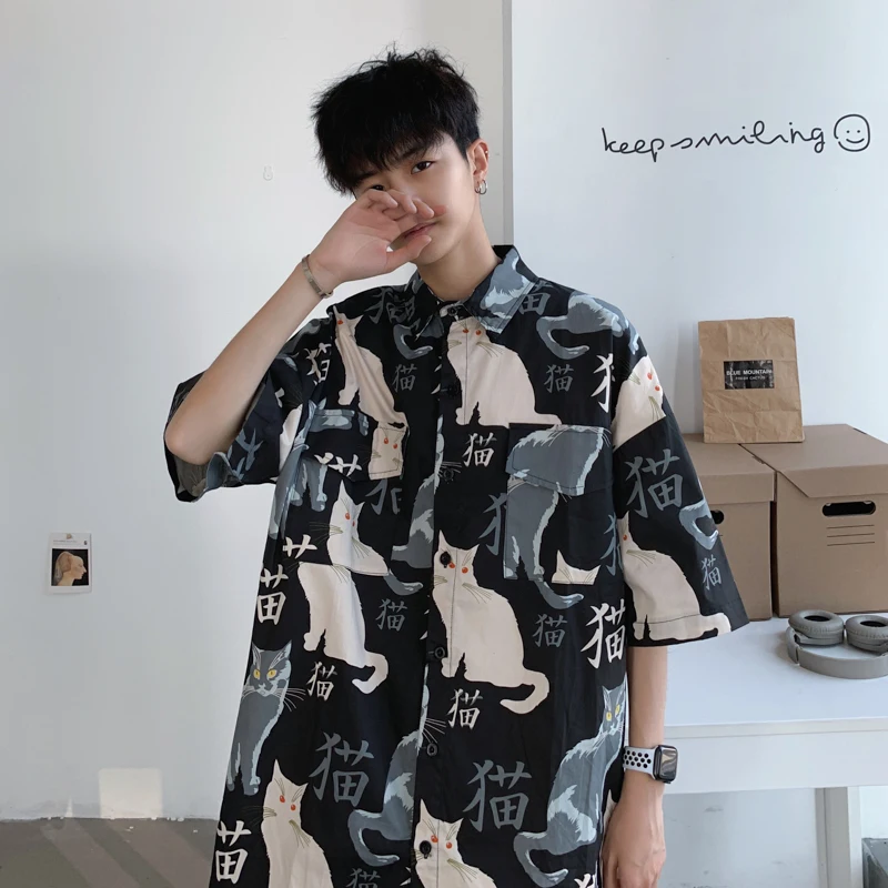 Summer Thin Short Sleeve Loose Fit Shirt Street Style Hipster Handsome Couple Flower Print Casual Outerwear for Teens