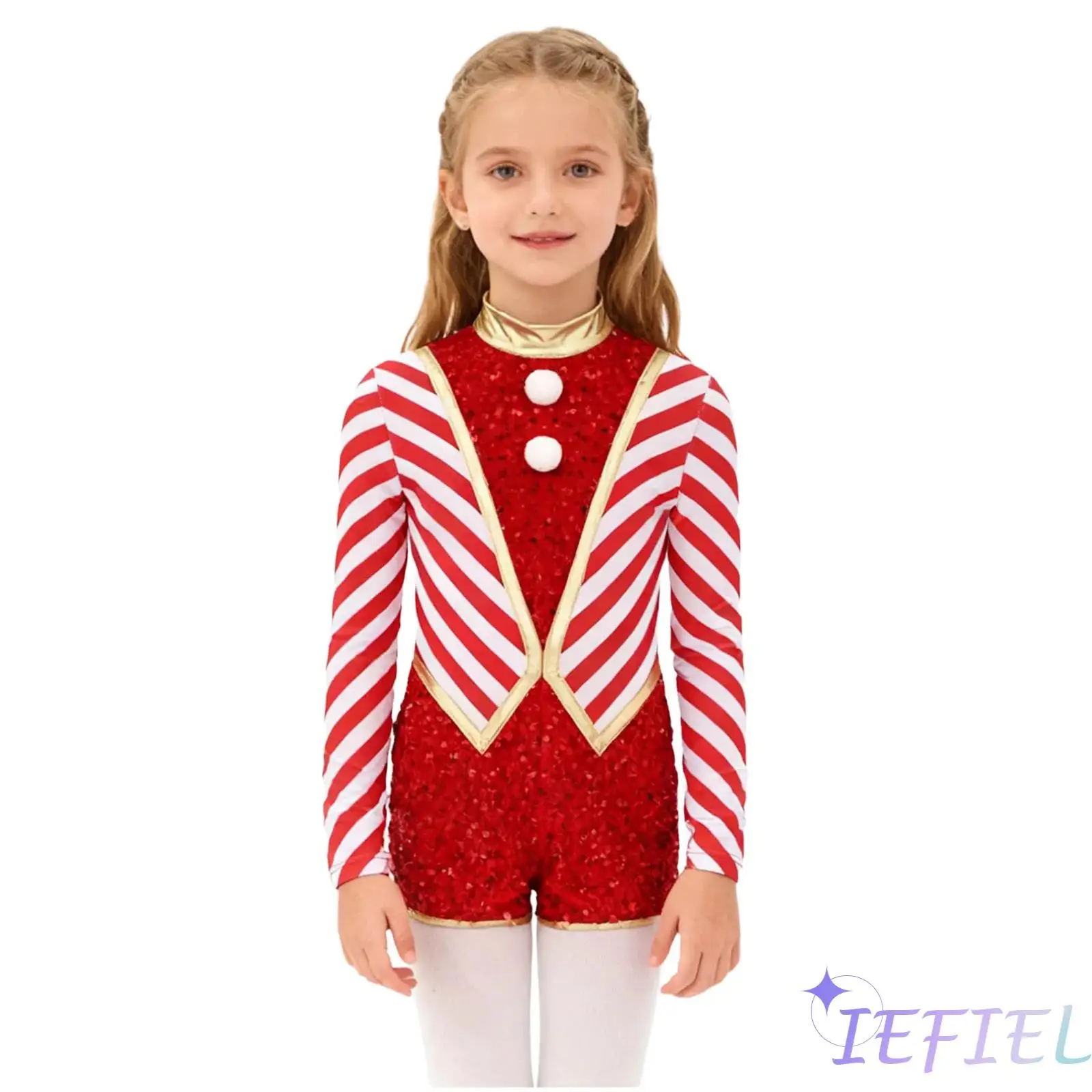 

Kids Girls Christmas Costume Mock Neck Long Sleeve Stripes Sequins Pompoms Xmas Jumpsuit Christmas Party Candy Cane Costume
