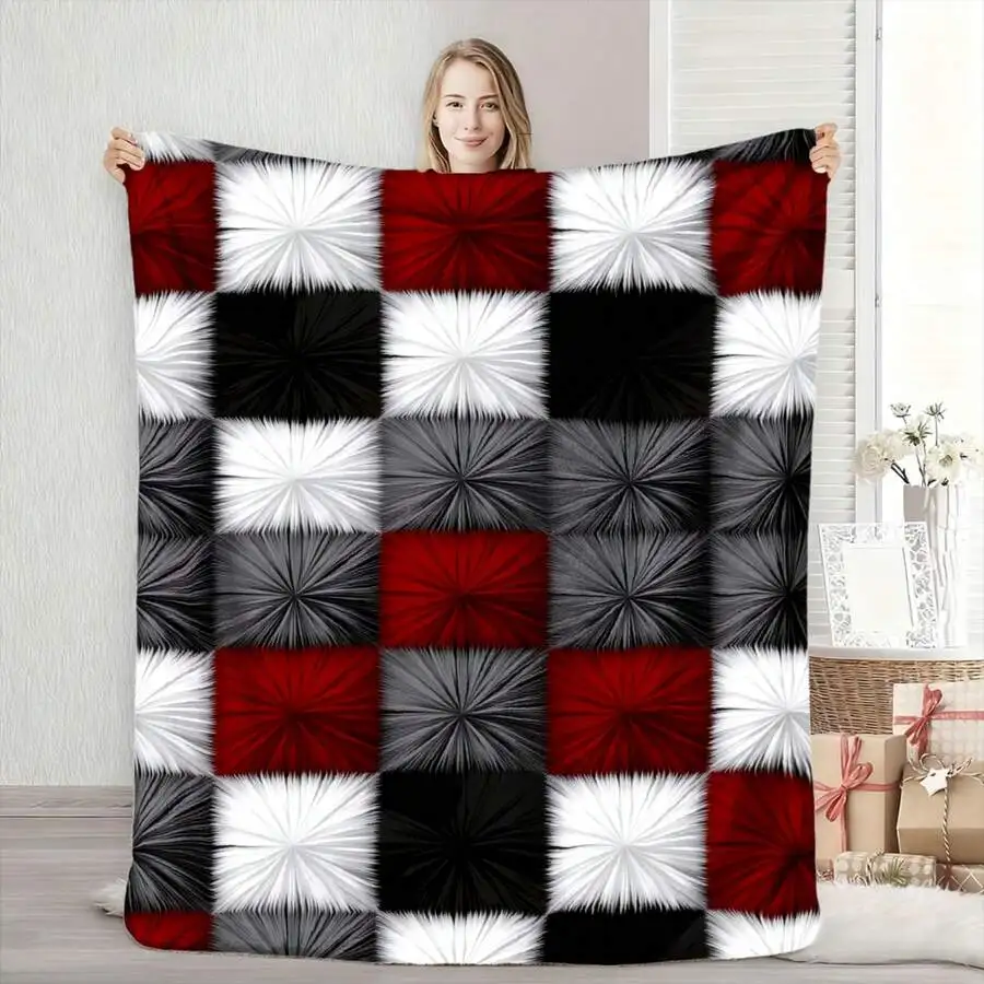 Oversized Faux Fur Flannel Blanket, Red, Black, White, and Gray Plaid Pattern, Soft and Comfortable Winter Warm Throw, Bedspread
