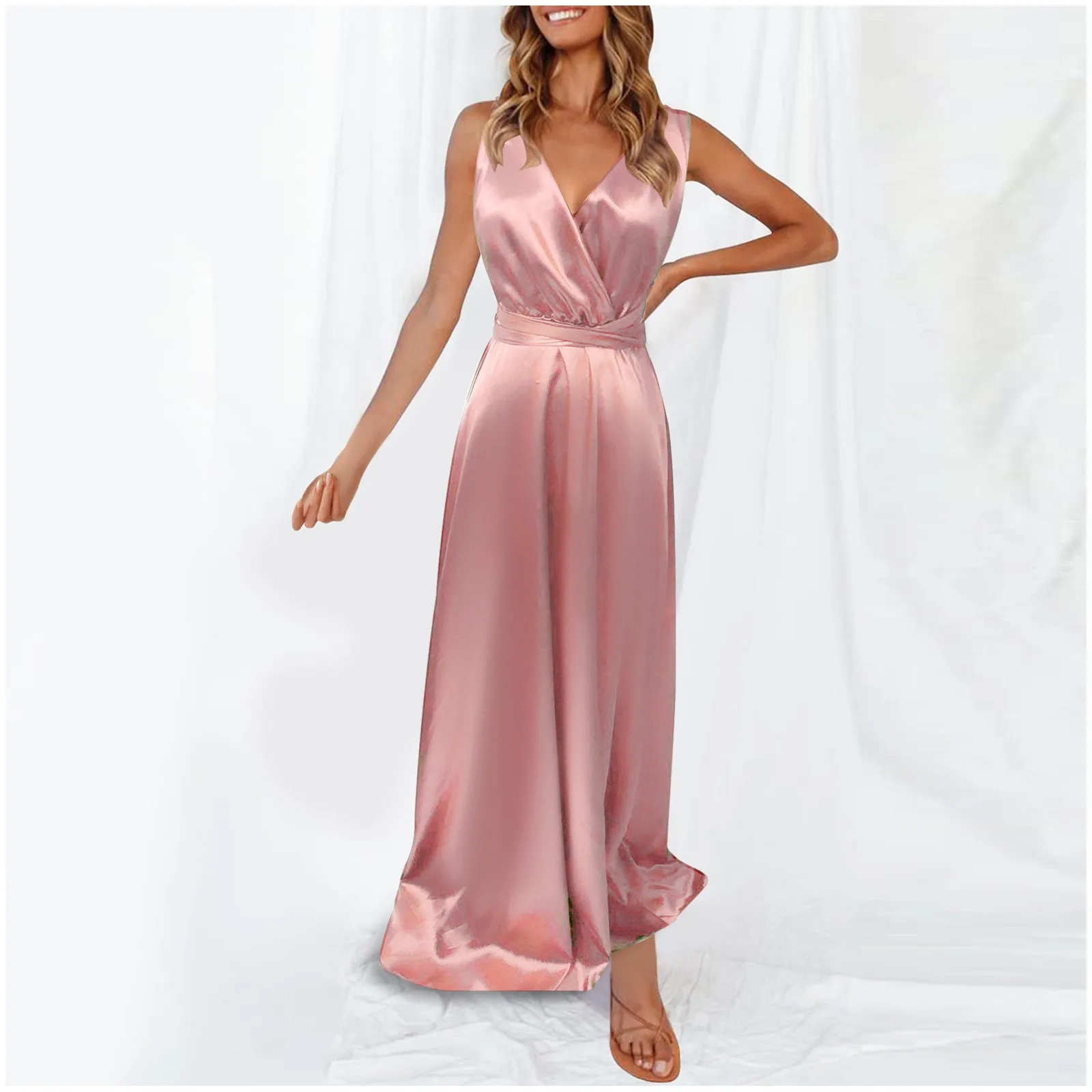 Glamorous Women's Deep V neck Satin Ball Gown Versatile Multi Way Wrap Event Maxi Dress Suitable for Spring Summer Autumn Winter