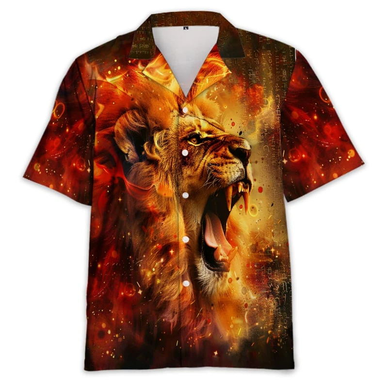 Camisa con estampado 3D De León abstracto para hombre y mujer, camisa informal de manga corta para playa, blusa cómoda para vacaciones hawaianas