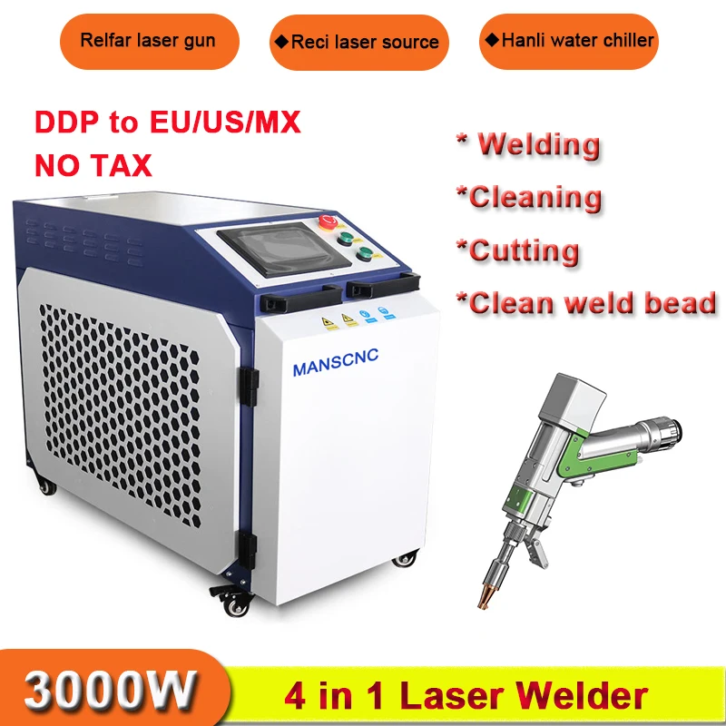 3000W Reci 4 IN 1 Laser welding Fiber Laser Welder Cleaning Cutting Machine Hanli water chiller 380V Industrial electricity