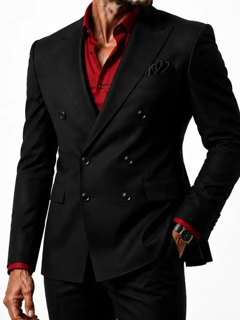 Black 2 Piece Suit Men Wide Peak Lapel Double Breasted Slim Fit Blazer Matching Pants Set Daily Formal Wedding Prom Customized