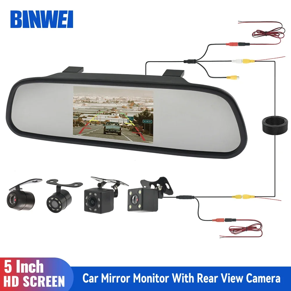 BINWEI Car Rear View Mirror Monitor with Camera for Vehicle Parking 5 Inch Screen Rearview Mirror Camera for Hd Reversing Camera