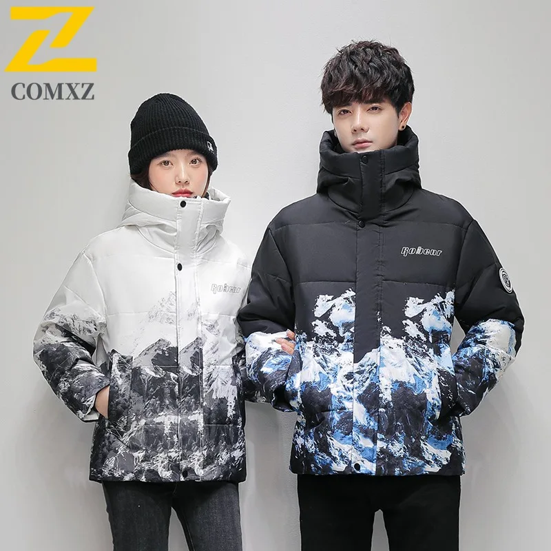 COMXZ Men Puffer Jacket Gradient Korean Style Ski Warm Windproof Travel Cotton Padded Jacket High Quality Snow Padded Jackets