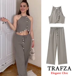 TRAFZA Casual Short Neck Tops Set Women New 2024 Summer Fasion Holiday Beach Pant Set Shell Decorations Lace-up