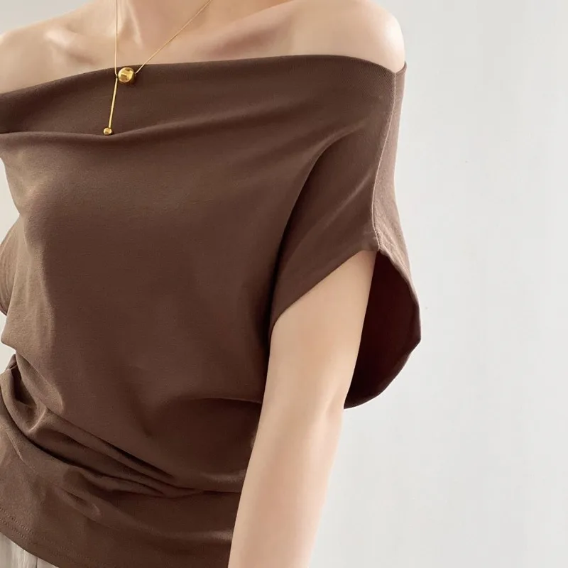 T-shirt con scollo a barchetta per donna elegante Design con spalle scoperte Solid Summer top manica corta moda donna abbigliamento Casual semplice