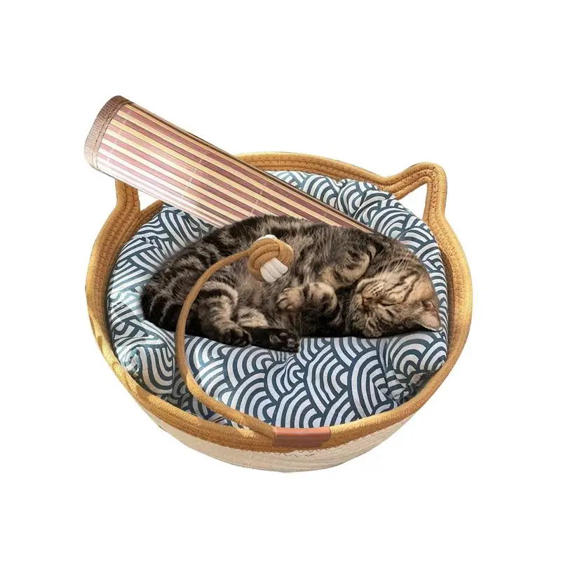 

Summerr Cat Bed Round Hand Woven Rattan Pet Nest Kitten Sleeping Basket Cotton Rope Cat Scratching Basket Indoor Pet Supplies