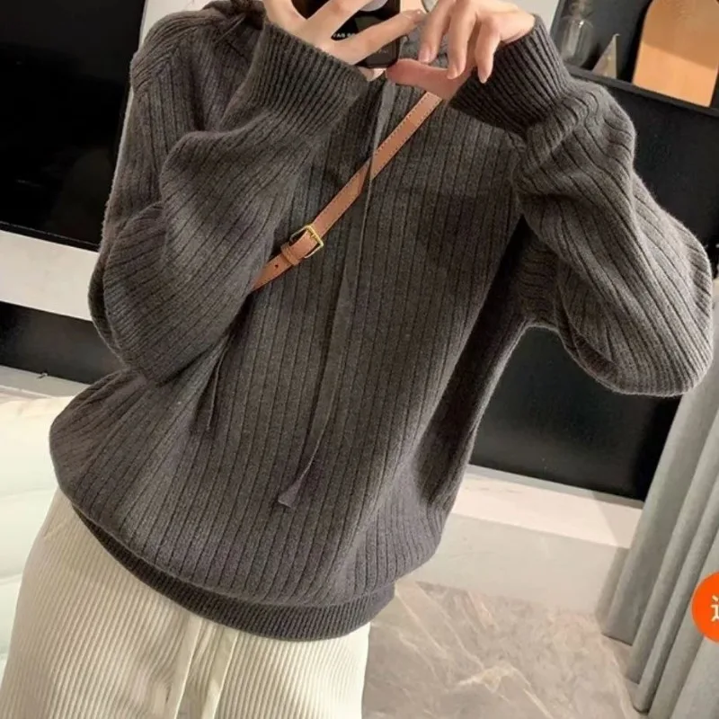 Women's Clothing Autumn Winter Solid Color Sweater Knitted Pullover Lantern Long Sleeve Hooded Casual Elegant Minimalist Tops