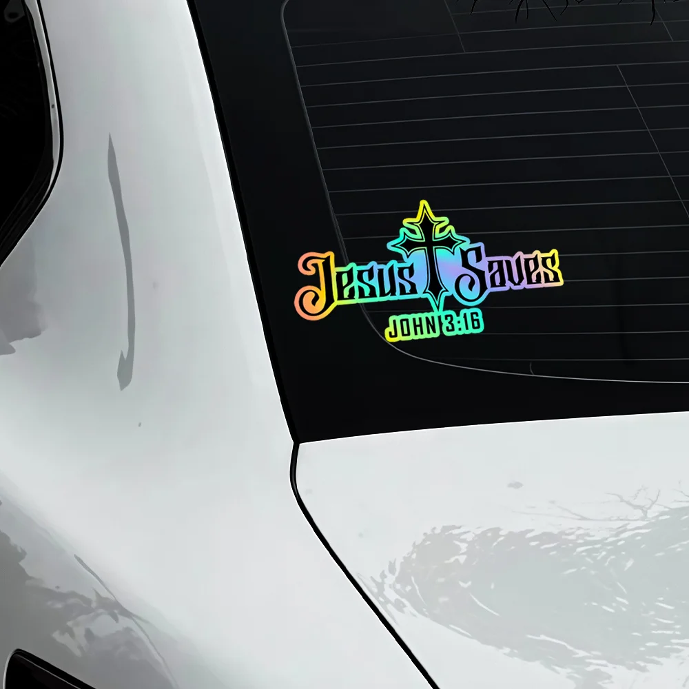 

Jesus Saves Gospel Quote Vinyl Sticker, Gothic Font, White & Holographic, Waterproof, for Car Window Bike Laptop Helmet