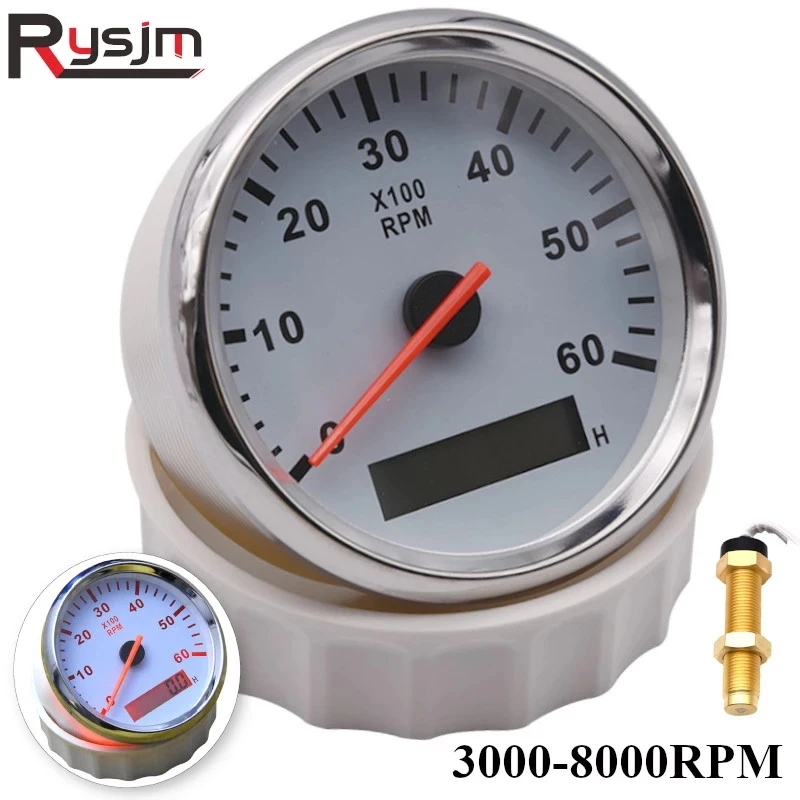 Custom tUniversal 85mm Boat Tachometer Marine Tacho Meter Gauge LCD Hourmeter 6000RPM 8000RPM Meter Car tacometro Toerenteller