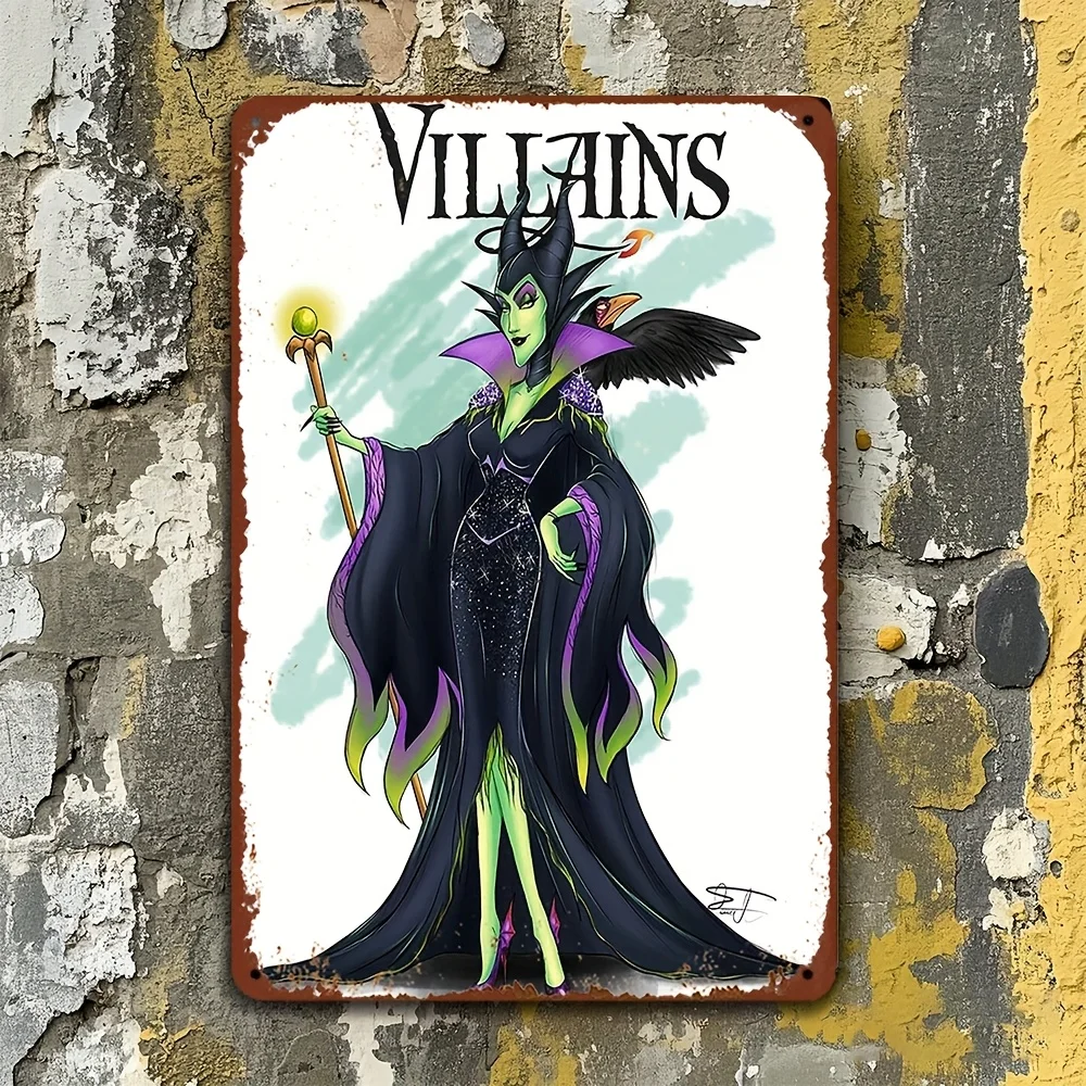 Letrero de estaño con diseño exquisito temático de Maléfica y Aurora de Disney, decoración de pared con licencia oficial, decoración del hogar, valla de patio, 1 ud.