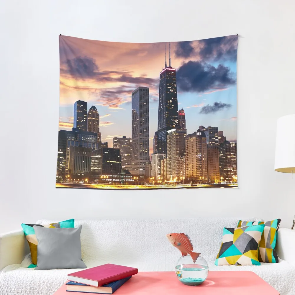 Chicago Skyline Downtown IL Sunset Tapestry Wall Coverings Decor For Room Room Decorator Tapestry