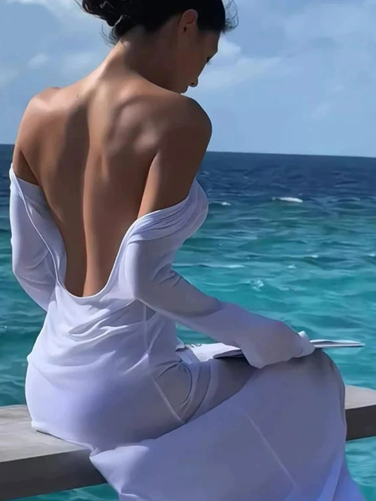 Women Sexy Backless Chic Dress Boho Beach Holiday Bikini Cover Ups Dress Elegant Bodycon Sun Protection Lady Club Party Vestidos