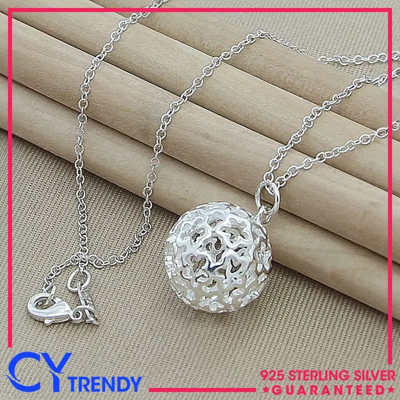

925 Sterling Silver Hollow Round Ball Pendant Chain Necklace Fashion Jewelry