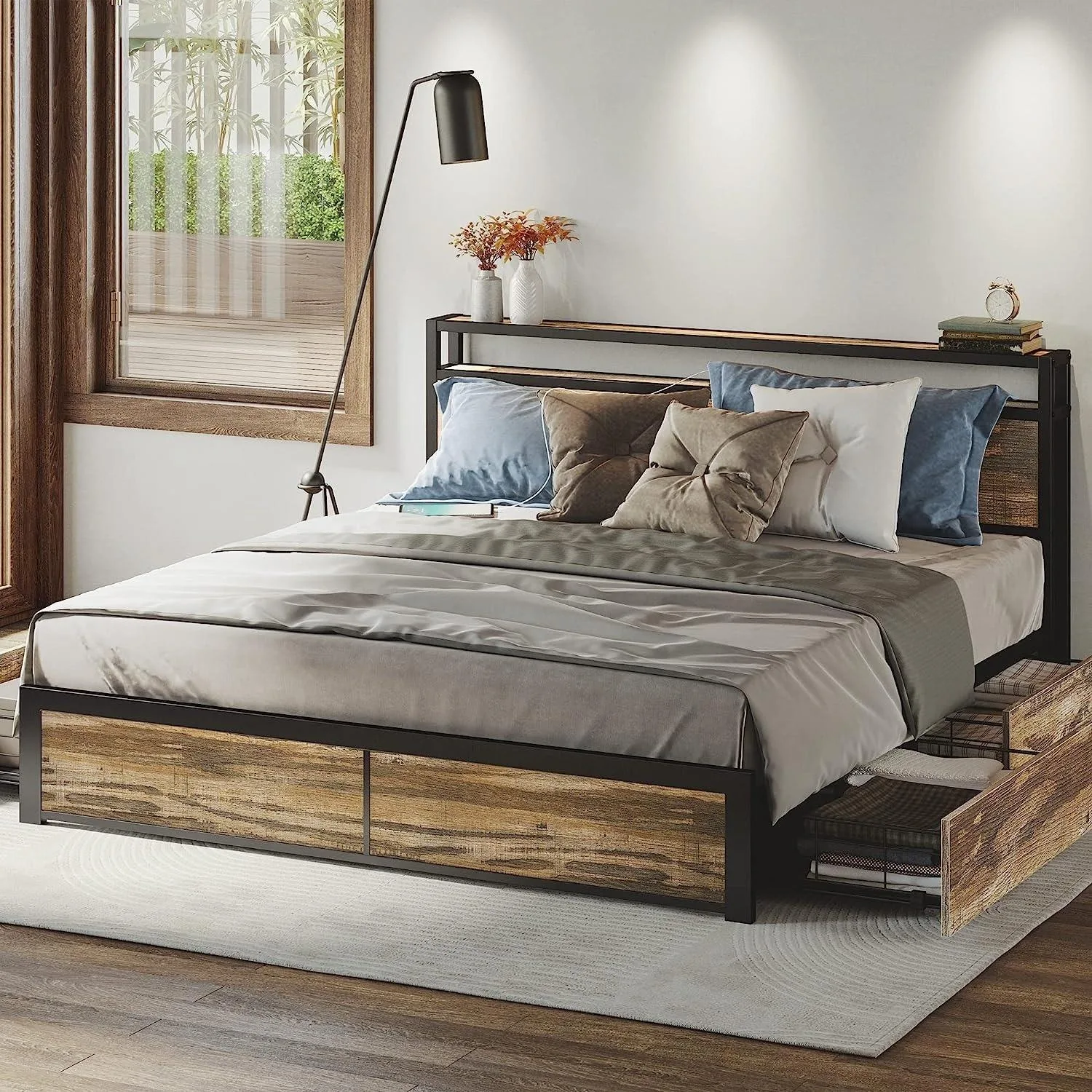 Factory Wholesale Modern Metal Bed Storage Drawer 2-Layer Storage Headboard Charging Station Easy Assembly Bedroom Apartment Use