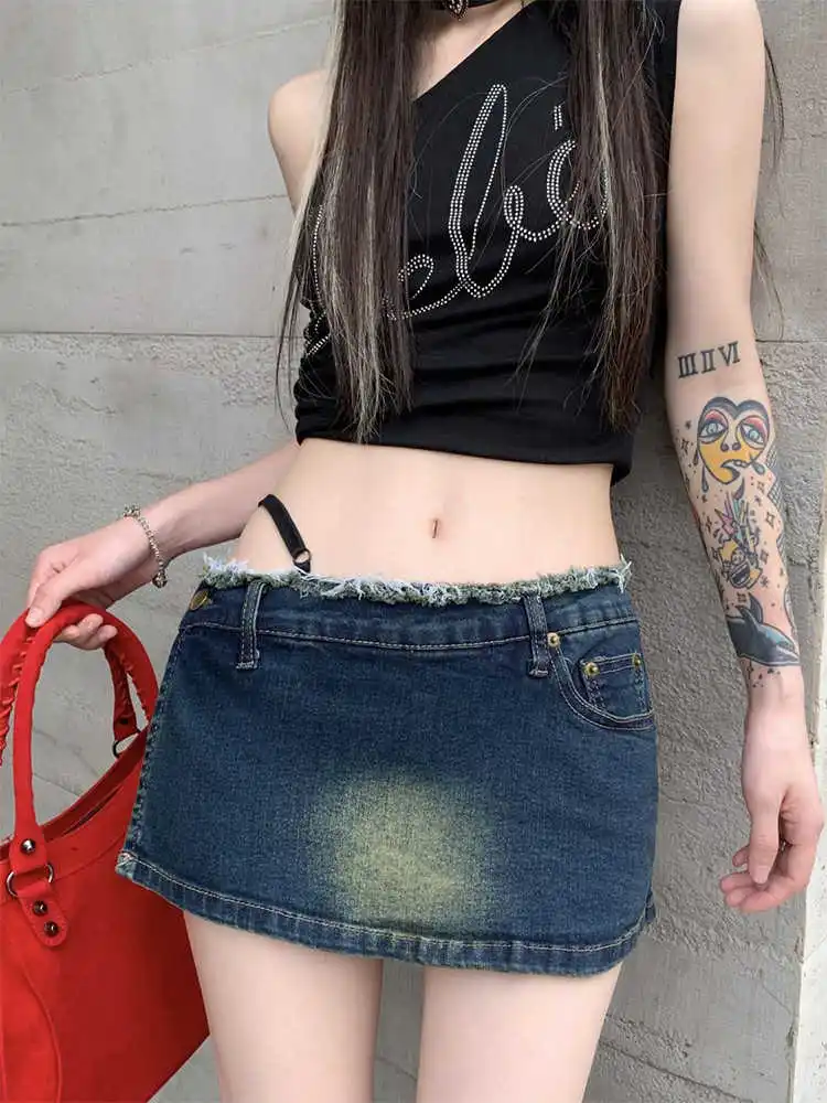 Women's Mini Denim Skirt 2000s Aesthetic Harajuku Japanese Low Rise Coquette Gyaru American Retro High Street Design Kpop Y2k