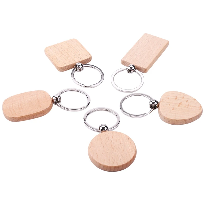 50Pcs DIY Blank Wooden Key Chain Rectangle Heart Round Ellipse Carving Key Ring Wood Key Chain Ring