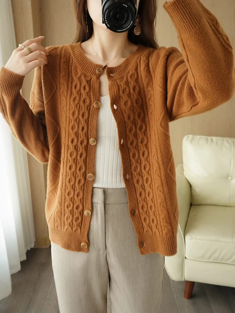 새로운 여성 오-넥 케이블 뜨개질 카디건 가을 겨울 긴 소매 캐시미어 스웨터 웜 소프트 100% 메리노 울 니트