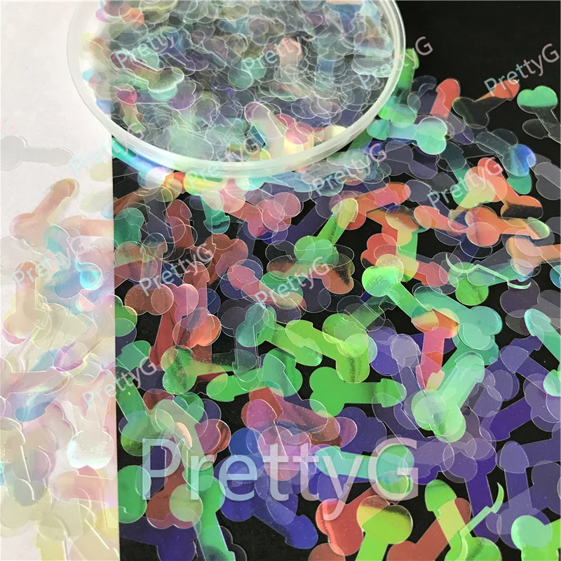 PrettyG 1 Box Small Penis Dicks Shape 8mm Holographic Glitter for Resin DIY Making Body Art Craft Makeup Decoration Accessories