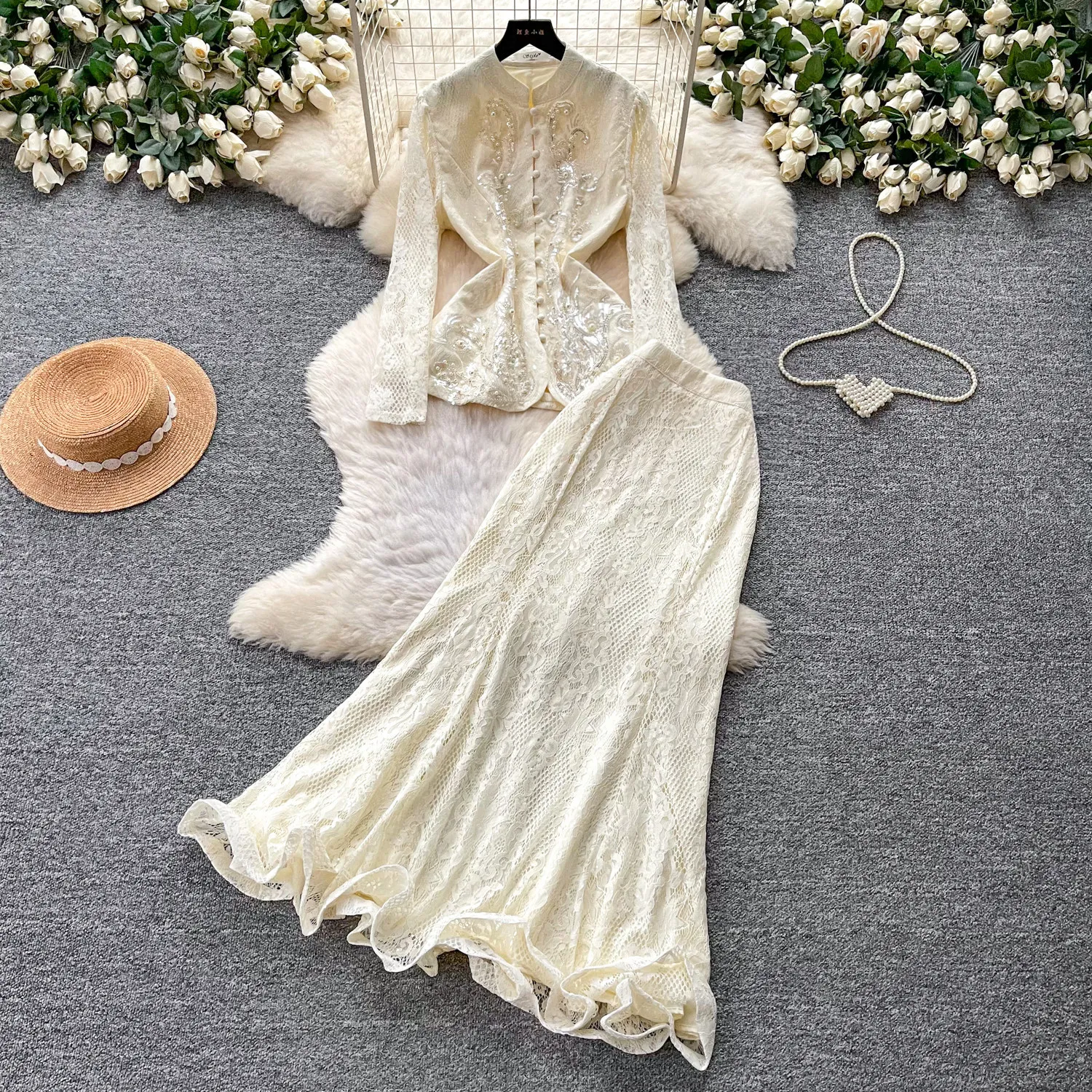 

2026 Noble Heavy Work Beaded V Neck Lace Two Piece Set Women Spring Autumn Tie Hollow Advanced Sense Slim Fit Suit