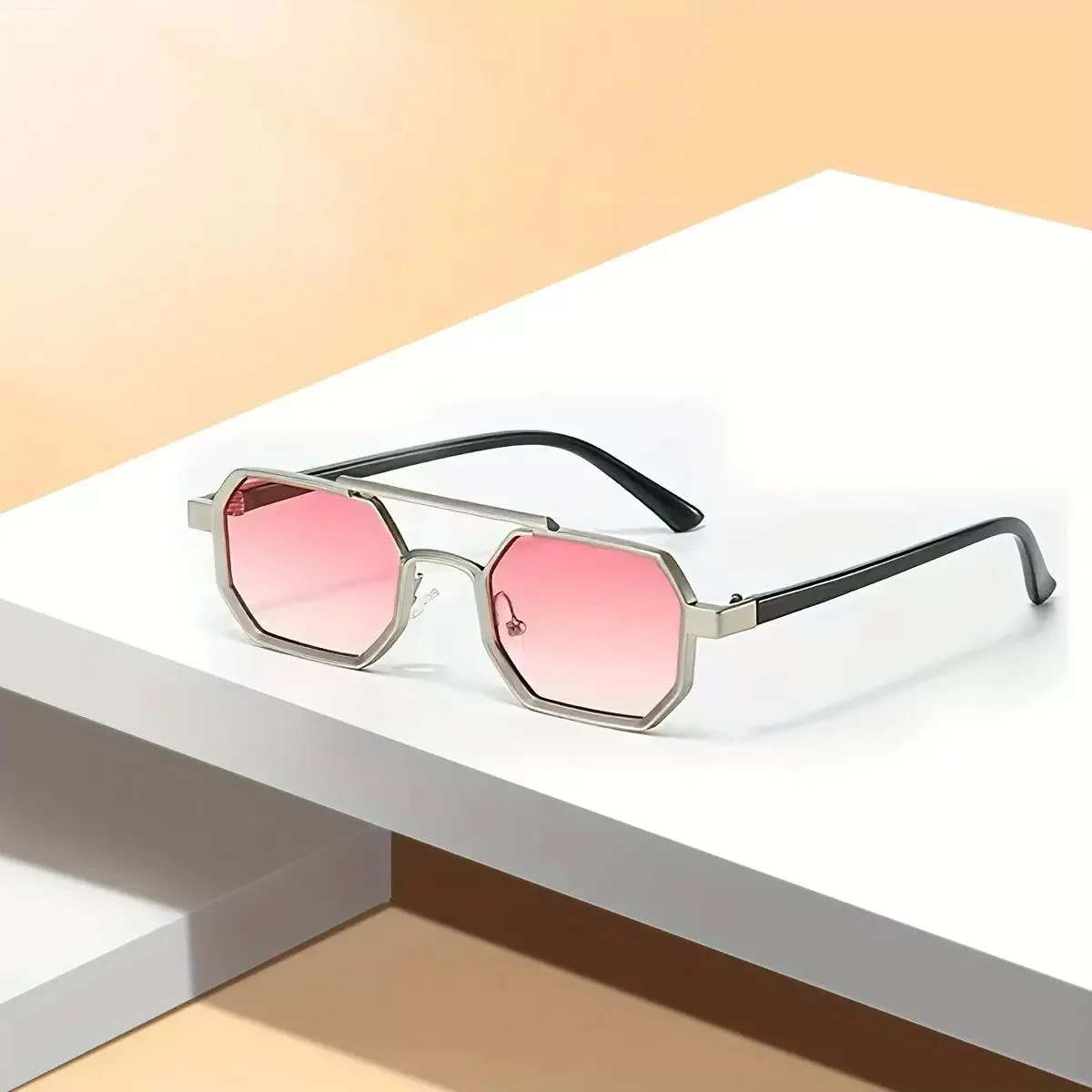 

Stylish Metal Sunglasses with Dual-Tone Frame - Gradient Blue Lenses, Square Shape, Modern Fashion Accessory