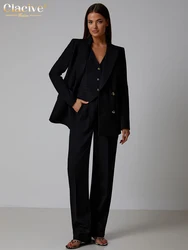 Clacive Fashion Loose Black Office Women's 3 Pieces Set Elegant Long Sleeve Blazer + Tank Top With High Waist Pants Set Female