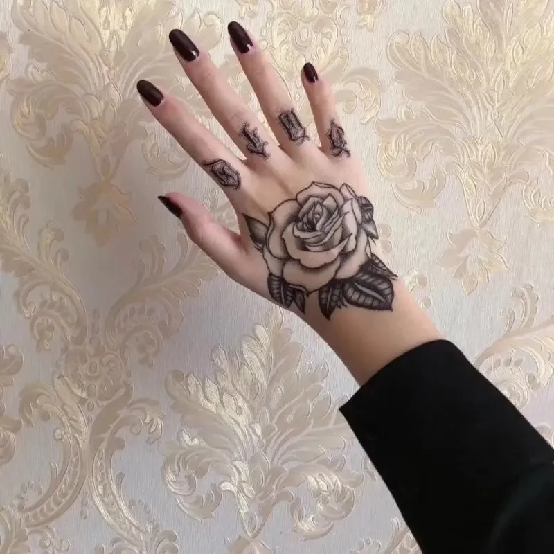 Waterproof Temporary Tattoo Sticker Hand Back Flash Tatto Rose Flower Lion Hand Fingers Body Art Arm Fake Tatoo 1pcs