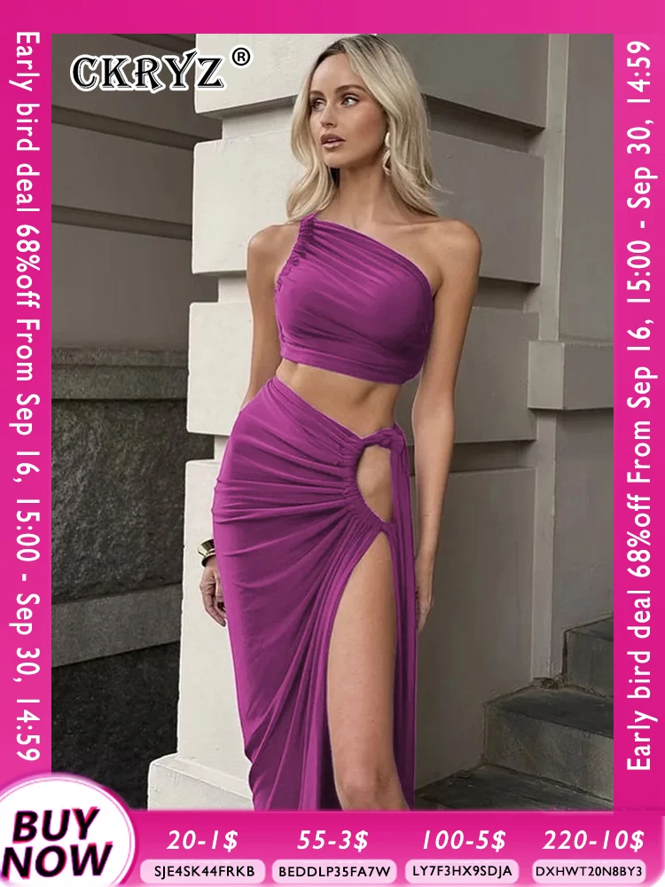 Ladies Spring 2 Pieces Sleeveless Backless Strap Spit Crop Top Side Slit Slim Fit Maxi Skirt Set Women Evening Party Clubwear