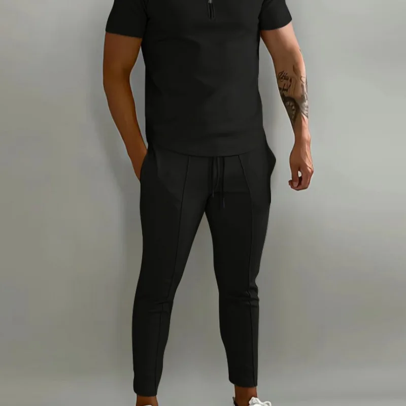 Cross-border aliexpress amazon primavera e verão terno masculino lapela camisa polo de manga curta calças esportivas conjunto de 2 peças para homem