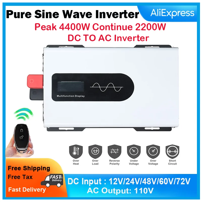 Peak Power 4400W Continue Power 2200W, 110V Pure Sine Wave Inverter,DC 12V 24V 48V 60V 72V To AC110V Inverter