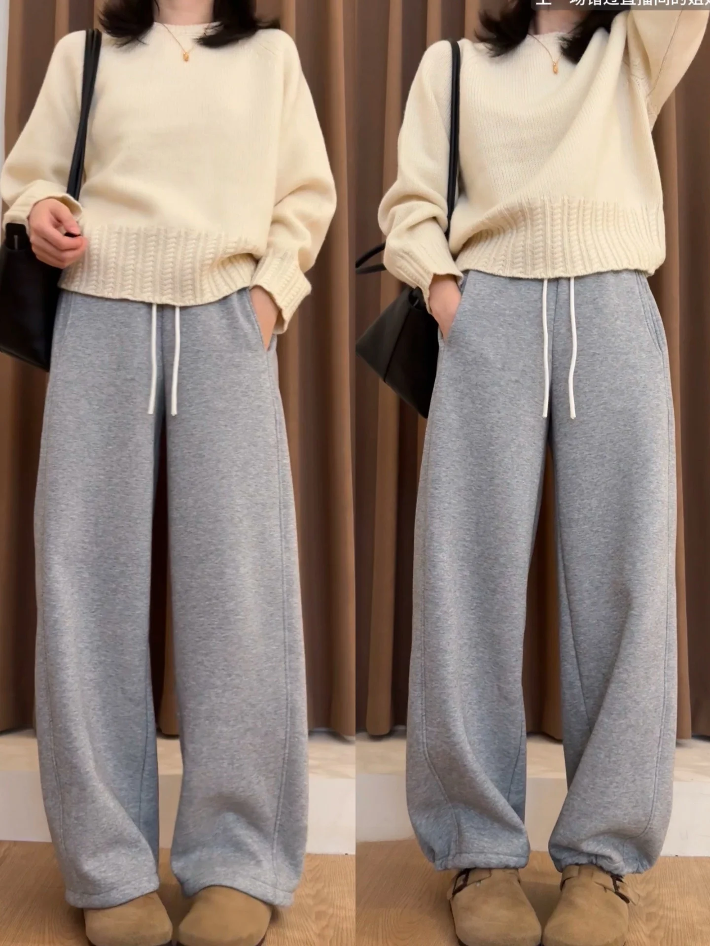 

Women's Thickened Fleece Lined Straight Leg Casual Pants Double Wear Style Korean Slimming Trousers High Waist Cotton Blend