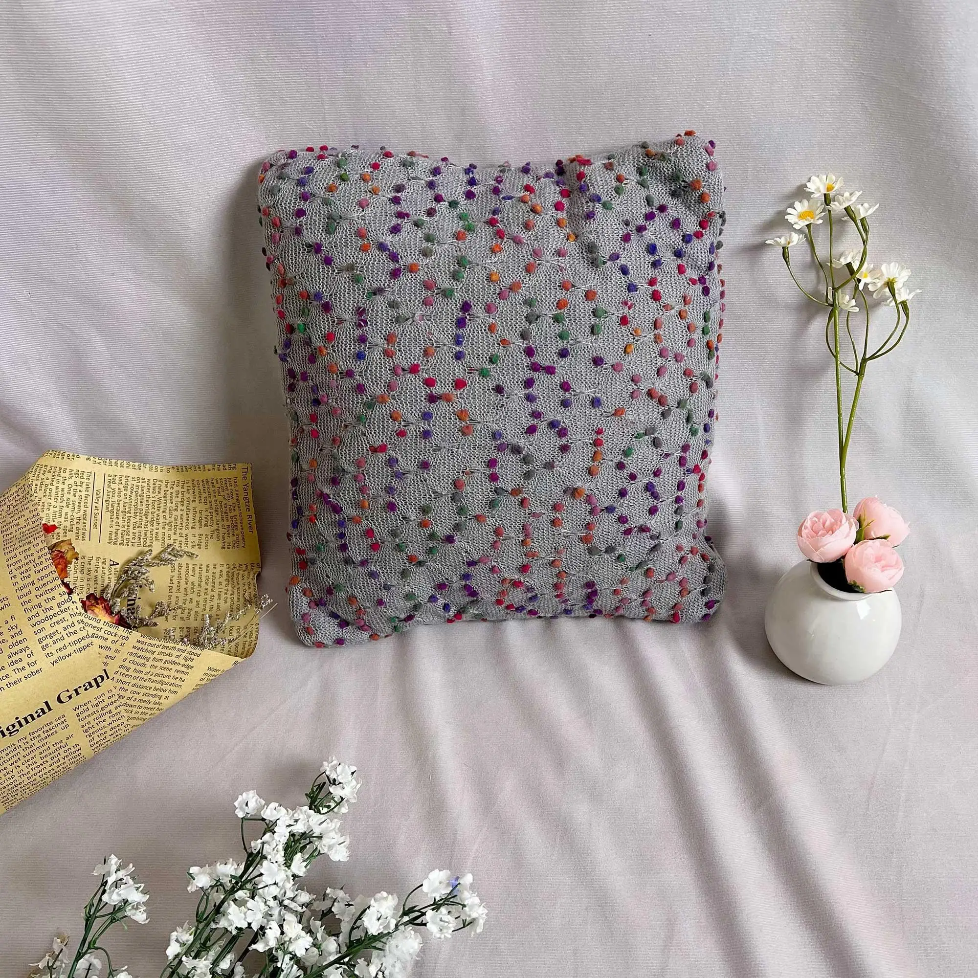 Waist Pillowcases Square Pillow, For Sofa Bedroom Decoration Sofa Accessory, White Rainbow Dots. Soft Decor